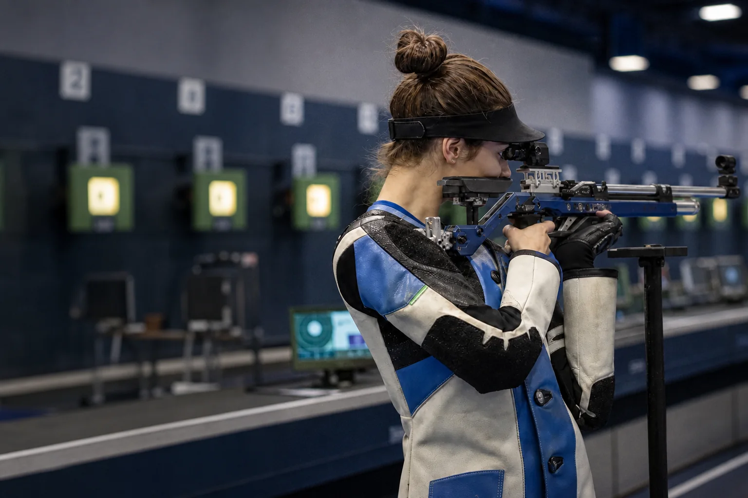 Precision-rifle athlete training on an indoor electronic-target range